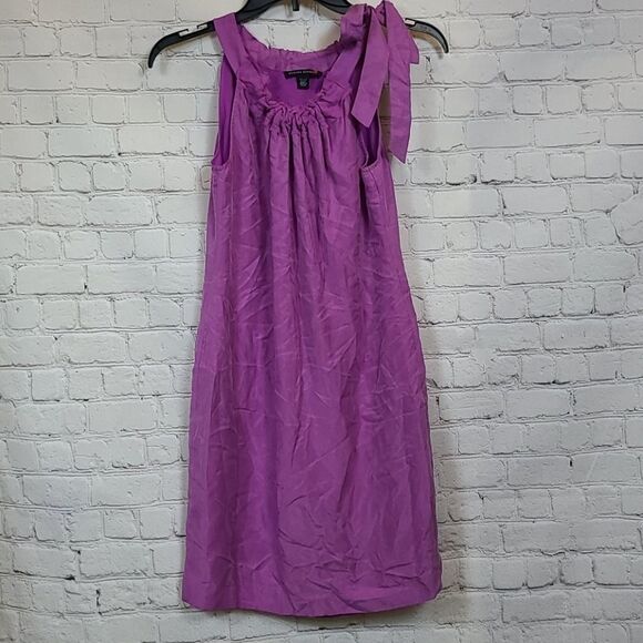 Banana Republic Petite 00P Tie Neck SILK Purple Party Dress Sleeveless Shift - Picture 4 of 10